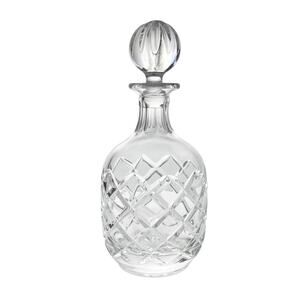 1990s Round Bulbous Crystal Wine Decanter, Criss-Cross Cuts 10.75” 32oz Barware